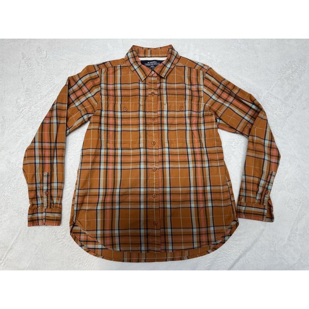 Men's REI Coop Sz Medium Orange Plaid Long Sleeve Button-Down Shirt Deep Pockets